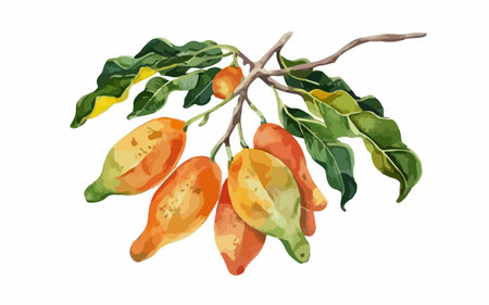 Mango tree branch with fruits. Watercolor illustration isolated on white background.のイラスト素材