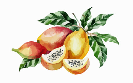 Watercolor illustration of tropical fruits: papaya, mango and dragon fruitのイラスト素材