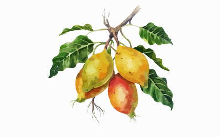 Watercolor illustration of yellow and red jujube fruit on a branch.のイラスト素材