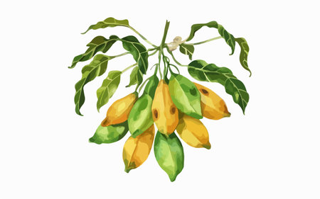 Bunch of ripe yellow mango fruits isolated on white background. Vector illustration.のイラスト素材