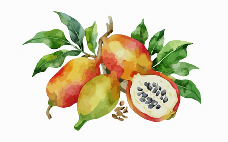 Watercolor illustration of tropical fruits: papaya, dragon fruit, mangoのイラスト素材