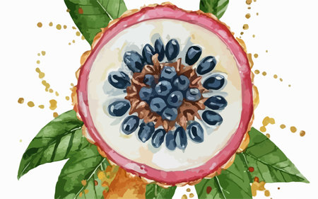 Hand drawn watercolor illustration of passion fruit with leaves and splashesのイラスト素材