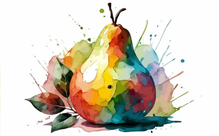 Illustration of a ripe pear with watercolor splashes on a white backgroundのイラスト素材