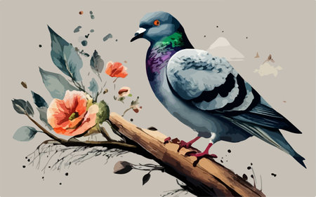 Pigeon sitting on a branch with flowers. Vector illustration.のイラスト素材