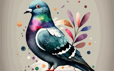 Vector illustration of a pigeon on a background of flowers and leaves.のイラスト素材
