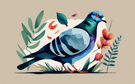 Pigeon and flowers. Hand drawn vector illustration in watercolor style.のイラスト素材