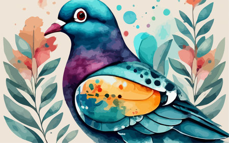 Hand drawn watercolor vector illustration of a pigeon with flowers and leavesのイラスト素材