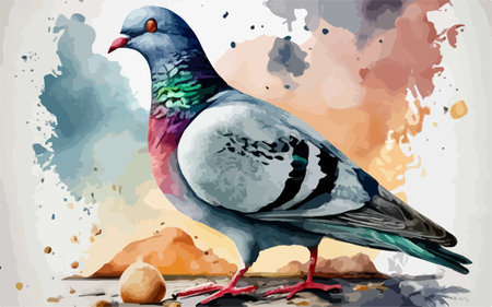 Pigeon on a background of watercolor splashes. Vector illustrationのイラスト素材