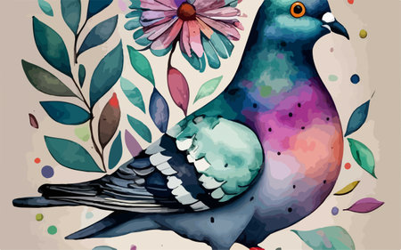 Watercolor vector illustration of a pigeon and flowers on a colored backgroundのイラスト素材