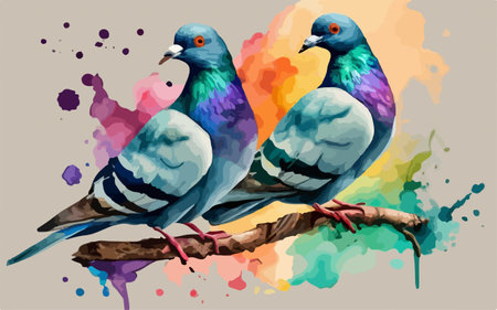 Pigeons on a branch in watercolor style. Vector illustration.のイラスト素材