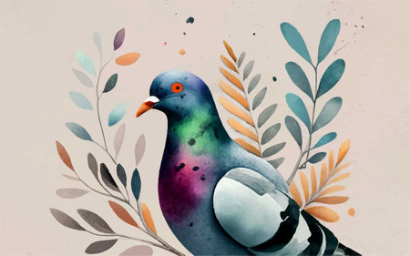 Pigeon and floral background. Watercolor illustration. Vector.のイラスト素材