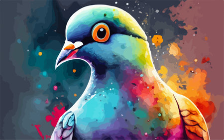 Pigeon with colorful splashes on a dark background. Vector illustration.のイラスト素材