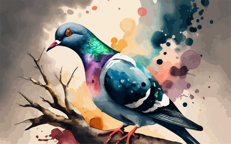 Pigeon on the background of watercolor splashes. Vector illustrationのイラスト素材
