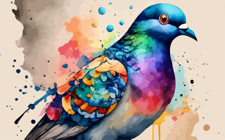 Vector illustration of a colorful bird on watercolor splashes background.のイラスト素材