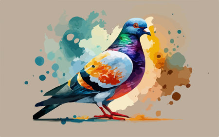 Pigeon on colorful watercolor splashes background. Vector illustration.のイラスト素材