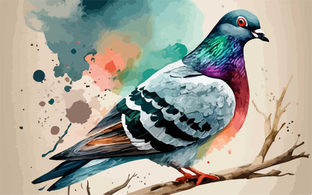 Pigeon on a background of watercolor splashes. Vector illustrationのイラスト素材