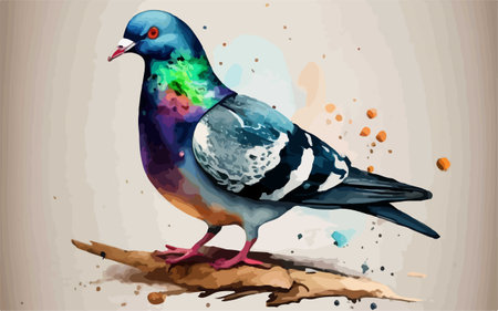 Pigeon on a branch with watercolor splashes. Vector illustration.のイラスト素材