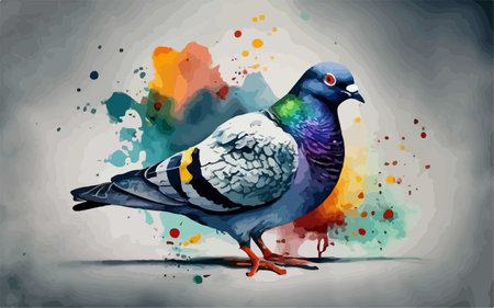 Pigeon on colorful watercolor splash background. Vector illustration.のイラスト素材