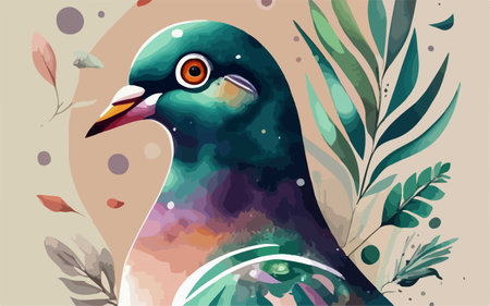 Vector illustration of a pigeon on a colored background with leaves and plantsのイラスト素材
