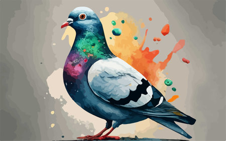 Hand drawn vector illustration of a pigeon in watercolor splashes.のイラスト素材