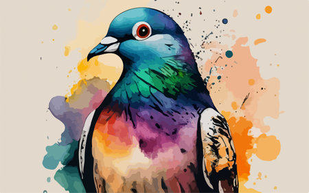 Pigeon with colorful watercolor splashes, vector illustration.のイラスト素材
