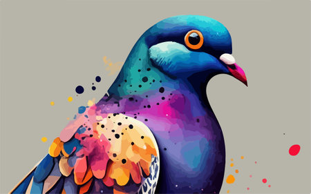 Vector illustration of a colorful pigeon on a gray background with splashesのイラスト素材