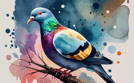 Pigeon on a branch with watercolor splashes. Vector illustration.のイラスト素材