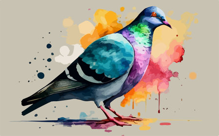 Pigeon on colorful watercolor splash background. Vector illustration.のイラスト素材