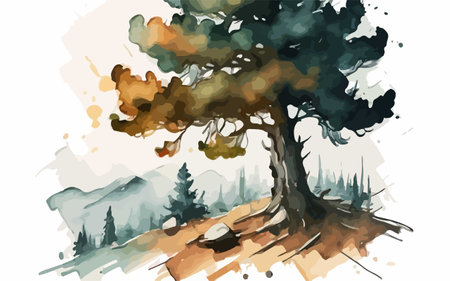 Pine tree in the forest. Watercolor painting. Vector illustrationのイラスト素材