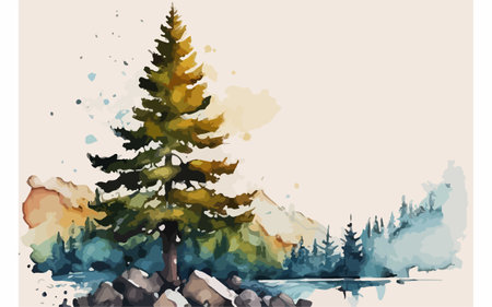 Watercolor illustration of a pine tree on the shore of a lake.のイラスト素材