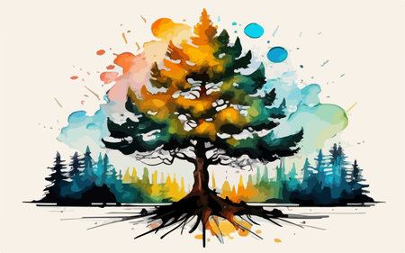 Tree in the forest. Watercolor background. Vector illustration for your designのイラスト素材