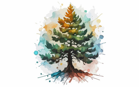 Watercolor illustration of a pine tree in the shape of a circle.のイラスト素材