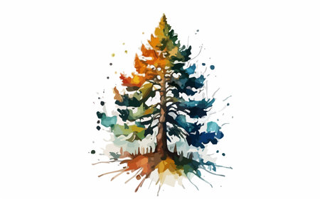 Watercolor hand drawn illustration of a pine tree with colorful leaves.のイラスト素材