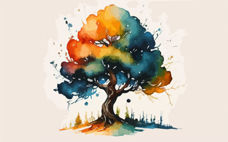 Colorful watercolor painted tree on white background, vector illustration.のイラスト素材