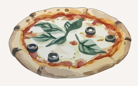 Pizza with mozzarella, olives and basil. Vector illustrationのイラスト素材
