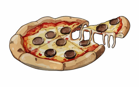 Illustration of a pizza with cheese and olives on a white backgroundのイラスト素材