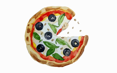 Pizza with olives, mozzarella and tomato on white backgroundのイラスト素材