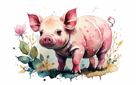 Cute pig with flowers. Watercolor hand drawn illustration on white backgroundのイラスト素材