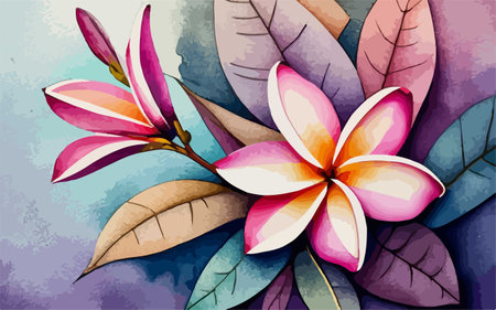 Illustration of frangipani flowers on watercolor background.のイラスト素材