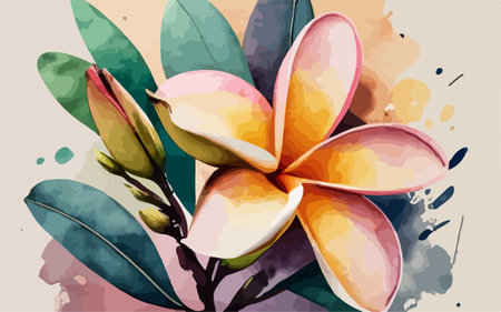 Illustration of frangipani flowers on watercolor background.のイラスト素材