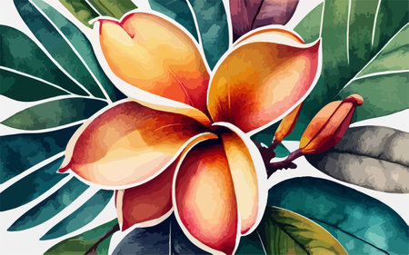 Watercolor illustration of frangipani flowers and green leaves.のイラスト素材