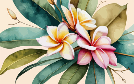 Tropical flower frangipani, plumeria on watercolor backgroundのイラスト素材