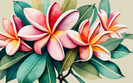 Illustration of frangipani flowers on green leaves background.のイラスト素材