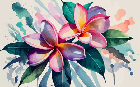 Frangipani flowers on watercolor background. Vector illustration.のイラスト素材