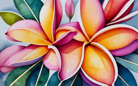 Illustration of beautiful plumeria flower on a watercolor background.のイラスト素材