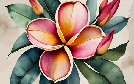Illustration of frangipani flowers on watercolor background.のイラスト素材
