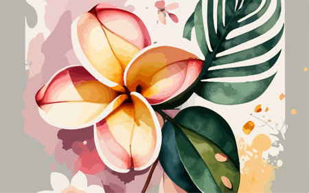 Watercolor tropical background with plumeria flowers and leaves. Vector illustration.のイラスト素材