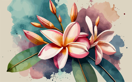 Frangipani flowers on watercolor background. Vector illustration.のイラスト素材