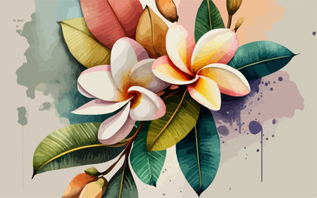 Watercolor plumeria flowers on grunge background. Vector illustration.のイラスト素材