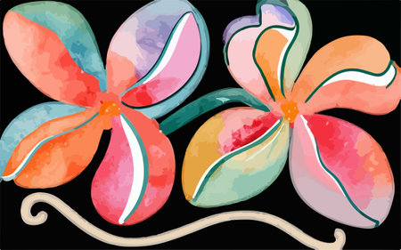 Illustration of watercolor frangipani flowers on black backgroundのイラスト素材
